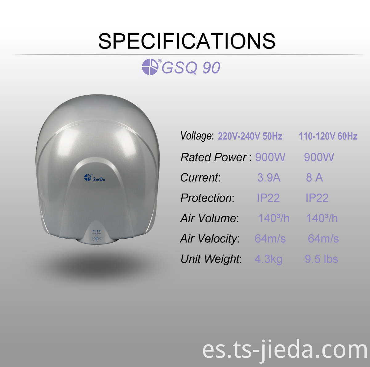 Secador de manos Silver Ordinary con carcasa de plástico Silver Ordinary hand dryer with plastic shell